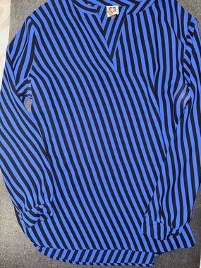 Anne Klein Royal Blue and Black Vertical Stripe V-Neck Blouse